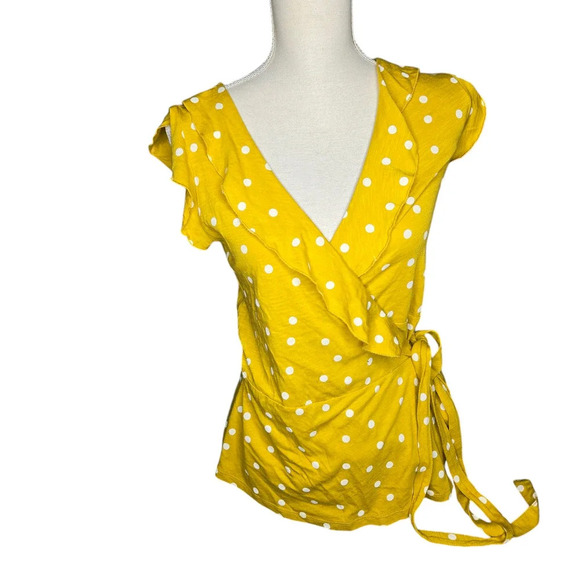 Boden Yellow Polkadot Ruffled Wrap Top - Picture 2 of 4